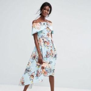 High-low off the shoulder floral midi dress